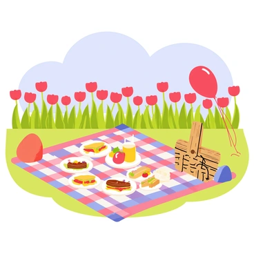 A picnic blanket with a vibrant checkered pattern is spread out on a grassy area. On the blanket, there are several plates filled with colorful sandwiches, juicy fruits, and a pitcher of lemonade. A wicker basket rests at one corner of the blanket, partially open and revealing more snacks. Next to the blanket, there is a large, bright red balloon tied to a small rock. In the background, a field of blooming poppies showcases bright red flowers swaying gently in the breeze. The sky above is a clear blue, enhancing the cheerful atmosphere of the scene.