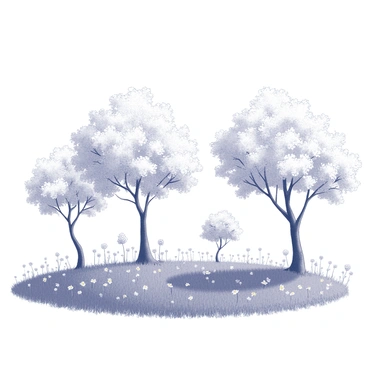 A meadow filled with lush grass and a variety of wildflowers. In the center, there are several cherry blossom trees, their branches adorned with clusters of blossoms. The trees are tall and have a sturdy trunk, with delicate petals scattered around the base. The sky above is clear and expansive, enhancing the natural beauty of the scene.