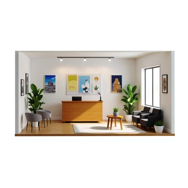 A reception area in an illustration agency, featuring a modern design with sleek furniture and bright lighting. The walls are adorned with various artworks, showcasing a diverse range of styles and colors. There is a reception desk made of polished wood, positioned prominently at the front. A comfortable seating area with plush chairs and a coffee table is located nearby, inviting visitors to relax. Potted plants are placed strategically around the room, adding a touch of greenery. A large window allows natural light to filter in, enhancing the vibrant atmosphere of the space.