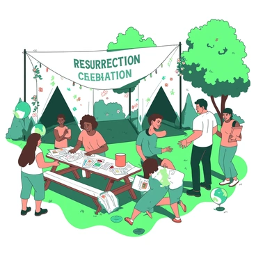 A group of diverse individuals is gathered in a green park, actively engaging in organizing a "resurrection-themed" outreach event. In the center, a woman with dark brown hair is arranging colorful flyers on a wooden picnic table, while a man with short black hair is setting up a white tent nearby. Children are running around, playing with teal balloons. To the side, a couple is discussing plans, with one holding an orange clipboard filled with notes. There are decorations of flowers and streamers in various colors being hung on the tent, creating a vibrant atmosphere. A large banner reading "Resurrection Celebration" is being unfurled above the entrance to the event area.