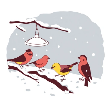 A group of small birds in various colors is gathered around a white bird feeder. The feeder hangs from a snow-laden branch, surrounded by a thick layer of snow covering the ground. Flakes of snow fall heavily from the gray sky, partially obscuring the scene. The birds are fluffed up against the cold, with their feathers ruffled, creating a lively contrast against the white backdrop. Some birds are pecking at seeds from the feeder while others are perched on nearby branches, their silhouettes stark against the snowfall.