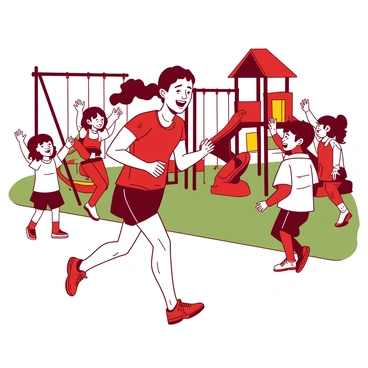 A red runner in athletic gear smiles as they jog past a playground filled with children. The playground features colorful slides and swings, and the children, dressed in bright outfits, are cheering enthusiastically. Some of them are waving their arms, while others are clapping, creating an energetic atmosphere. The runner maintains a steady pace, clearly enjoying the encouragement from the children as they make their way through the scene.
