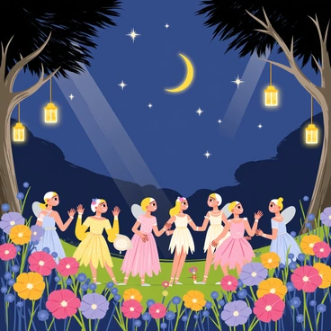 A meadow filled with vibrant flowers of various colors serves as the setting for a faerie court. Small, luminescent faeries with delicate wings are gathered in a circle, wearing gowns made from petals and leaves. They are engaged in animated conversation, their faces lit with joy. The night sky above is starry, with bright twinkling stars and a glowing crescent moon. Silvery beams of moonlight filter down, creating a magical atmosphere over the scene. In the background, soft silhouettes of trees border the meadow, adorned with softly glowing lanterns hanging from branches.