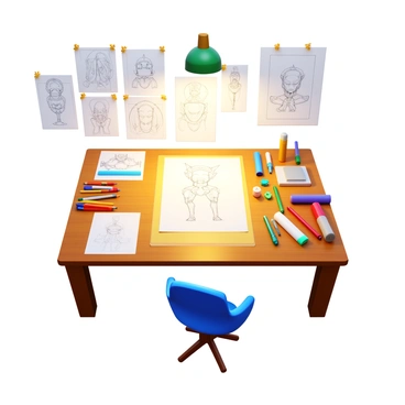 A workspace filled with sketches and drafts of "unique character designs" scattered across a large, wooden drafting table. The table has various drawing tools, including colored pencils, markers, and erasers, arranged neatly beside the sketches. Several sheets of paper display "detailed character illustrations" with different styles and poses. The walls are adorned with "more character design concepts" pinned above the table. A bright desk lamp shines over the workspace, illuminating the creativity and effort in every design.