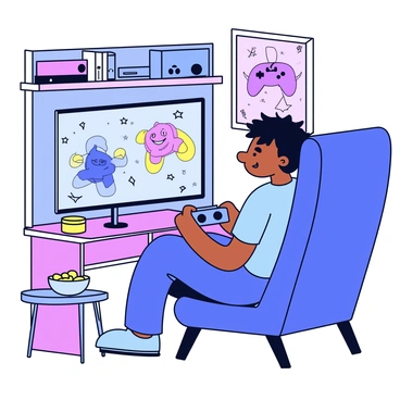 A young man with short black hair is sitting in a comfortable gaming chair. He is focused on a large screen in front of him, holding a game controller in his hands. The room is dimly lit, with a soft glow coming from the screen. The walls are decorated with vibrant posters of popular video games. There is a small shelf nearby holding various gaming consoles and accessories. A snack bowl is placed on a side table next to him.