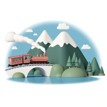 A classic steam train, painted in deep red with gold accents, is traveling along a winding railway track. The train is billowing white steam from its smokestack as it crosses over a charming arch bridge. In the background, majestic mountains rise with snow-capped peaks, their slopes covered in lush green trees. The sky above is a vibrant blue, dotted with fluffy white clouds. A serene lake reflects the mountains and the colorful train as it continues its journey through the picturesque landscape.