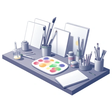 A collection of various art tools and materials arranged neatly on a wooden table. There are several paintbrushes of different sizes, each with bristles of varying shapes. A palette holds vibrant blobs of paint, and there are tubes of paint scattered around, some open and some closed. Nearby, a stack of sketchbooks with blank pages sits next to sheets of textured paper. Pencils, pens, and charcoal sticks are positioned within easy reach, alongside an assortment of artistic markers. A small jar filled with water is present, along with a rag for cleaning brushes. The setting is prepared for a workshop at the "Cheltenham Illustration Awards," indicating a creative and lively atmosphere filled with artistic potential.