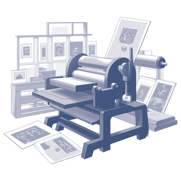 An antique lithography press machine stands prominently in the center of the composition. The press features intricate metal mechanics, with large rollers and a flat printing surface, showcasing the craftsmanship of a bygone era. Surrounding the press are various old prints, displaying a range of designs and textures. Some prints are neatly stacked, while others are slightly crumpled, suggesting they have been used extensively. The background includes wooden shelves filled with more prints, adding to the sense of history and artistry present in the scene. The overall atmosphere reflects a dedicated workspace for traditional printmaking.