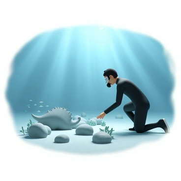 A scuba diver, wearing a black wetsuit and diving mask, is exploring the ocean floor. The diver is surrounded by clear blue water, illuminated by beams of sunlight filtering through the surface. On the sea bed, there are several large fossils of a "mosasaurus" partially buried in the sand and surrounded by small rocks and marine plants. The diver is kneeling down, reaching out towards one of the fossils with curiosity. Schools of small fish swim nearby, adding life to the underwater scene.