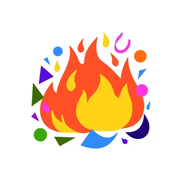 A vibrant artwork featuring flames in shades of red, orange, and yellow. The flames are depicted as they merge into various colorful shapes, including circles, triangles, and swirls. Each shape displays a different color, such as blue, purple, green, and pink. The composition is lively, with the flames and shapes interacting seamlessly, creating a dynamic flow throughout the piece.