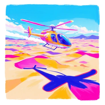 A flying taxi casting shadows over a vast desert landscape with sand dunes