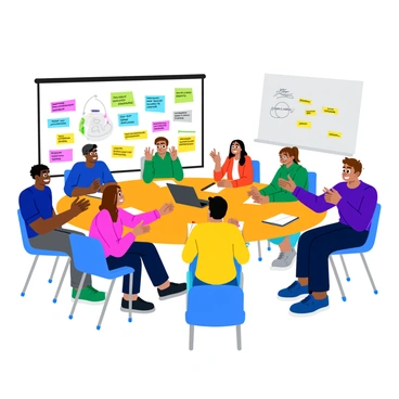 A group of six students engaged in a spirited debate during a club meeting. They are seated around a large, round table covered with notebooks, pens, and a laptop. Each student has an animated expression, gesturing with their hands as they present their arguments. In the background, a large bulletin board displays colorful posters related to various topics. The room is brightly lit and decorated with motivational quotes. A whiteboard stands to the side, filled with notes and diagrams from previous discussions.
