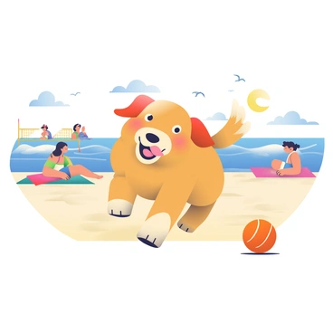 A golden retriever with shiny fur is running towards a bright orange cricket ball on the sandy beach. Its ears are flopping in the wind, and its tail is wagging energetically. The dog has a playful expression, showcasing an open mouth and a tongue lolling out. In the background, people are enjoying the sunshine, some are playing beach volleyball, and others are relaxing on colorful beach towels. The sea is shimmering under the sunlight, with gentle waves breaking on the shore. A few seagulls are flying overhead, completing the lively beach scene.
