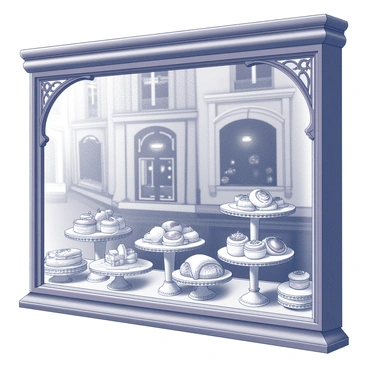 A bakery window showcasing an assortment of pastries and desserts. The display features an array of elegantly crafted items, including croissants with flaky layers, éclairs filled with cream and topped with glossy glaze, and tarts adorned with fresh fruits. Each pastry is arranged artfully on decorative trays and stands. The window is framed by intricate wrought-iron grilles, and reflections of the Parisian street can be seen in the glass, enhancing the charm of the scene.