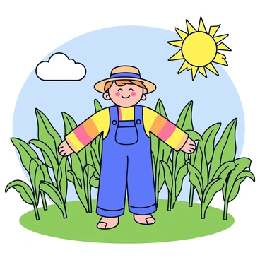 A friendly scarecrow with a straw hat and a cheerful face stands in the middle of a lush green cornfield. The scarecrow is dressed in a colorful patched shirt and loose overalls. Tall corn stalks surround the scarecrow, their leaves vibrant and healthy. The sun shines brightly above, casting soft shadows on the ground, and a few fluffy clouds drift lazily across the blue sky.