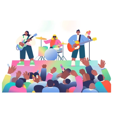 A vibrant music concert is taking place with a band on stage. The band consists of four members: a male guitarist with long black hair, a female drummer with short blonde hair, a male bassist wearing sunglasses, and a male singer holding a microphone. The stage is illuminated with colorful lights in shades of blue, red, and green. In front of the stage, a large crowd of diverse individuals is cheering enthusiastically, some holding up their hands and others waving glow sticks. The atmosphere is filled with energy and excitement as the band plays their instruments passionately.