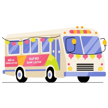 A large, colorful bus adorned with bright, festive lights wrapped around its body. The bus has several vibrant banners attached to it, showcasing various festive messages. The headlights of the bus are illuminated, enhancing the cheerful atmosphere. The wheels are shiny and polished, and there are small decorations like balloons tied to the side mirrors. The scene captures the excitement of a parade, with a clear blue sky in the background.
