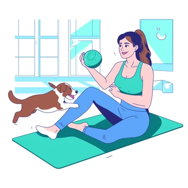 A person wearing a blue workout outfit is sitting on a teal exercise mat, performing Russian twists. The person is smiling while holding a teal exercise ball and twisting their torso to one side. A small brown and white dog is playfully jumping around, trying to catch the exercise ball. The dog has its tongue out, and its tail is wagging enthusiastically. The background features a bright room with large windows letting in natural light, creating a lively atmosphere.