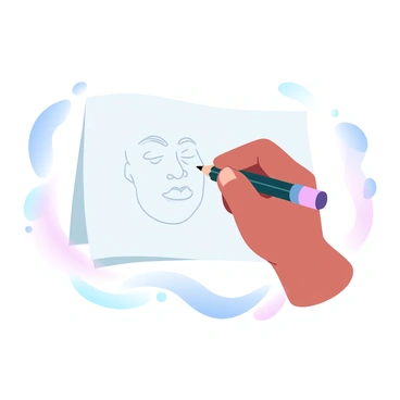 A hand holding a pencil is depicted sketching a human face on a blank sheet of paper. The sketch shows a partially drawn face with intricate outlines and shading. The hand is articulated, gripping the pencil firmly as it hovers close to the paper. The drawing captures the essence of facial structure without including any specific facial features. Soft pencil strokes are visible, creating a dynamic flow of lines and curves that suggest depth and dimension. A gentle gradient of pastel colors frames the scene, enhancing the artistic atmosphere.