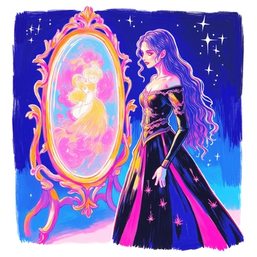 Bellatrix Lestrange stands with a fierce expression, her long, dark hair cascading down her shoulders. She is dressed in a flowing black gown adorned with intricate patterns. In front of her, an ornate enchanted mirror reflects swirling images of the past. The mirror's frame is decorated with twisting vines and mythical creatures. The glow emanating from the mirror casts an ethereal light on her face, highlighting her intense gaze as she studies the visions within. The surrounding environment is dimly lit, emphasizing the magical aura of the scene.