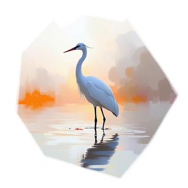 A crane standing in shallow water, surrounded by early morning mist