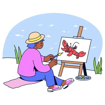 An artist is depicted painting a crawfish on a canvas. The artist is wearing a straw hat and has a focused expression while holding a paintbrush. The canvas shows a detailed image of the crawfish. The lakeside setting is visible in the background, with gentle ripples on the water and a few green reeds at the edge. Sunlight casts soft shadows on the ground, and a small palette with vibrant colors sits next to the artist.