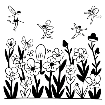 A vast meadow filled with various shapes of flowers, each with unique petal designs and intricate details. Fairies with delicate wings are depicted in dynamic poses, some are twirling while others are posed in mid-air as they dance among the flowers. The scene includes several large mushrooms scattered throughout the meadow, creating a whimsical environment. Light beams filter through an unseen canopy above, subtly illuminating the flowers and fairies in this enchanting setting.
