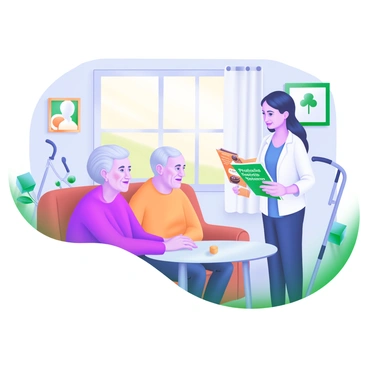 An elderly couple is sitting at a small table in their cozy living room, with warm lighting illuminating the space. The man has a gentle smile on his face, while the woman looks attentively towards a community worker standing beside them. The community worker, a young woman, is holding a brochure with the words "Protection for Seniors" visible on the cover. Surrounding the couple are various supportive elements, such as a walking cane leaning against the table and a framed family photo on the wall. A window in the background shows a glimpse of a garden outside, emphasizing a nurturing home environment.