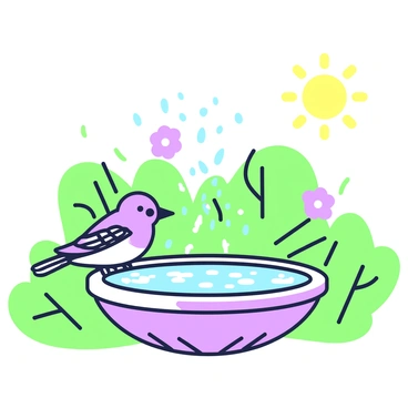 A mockingbird is perched on the edge of a circular birdbath filled with water. The bird is mid-splash, with droplets of water glistening in the sunlight. The birdbath is surrounded by lush greenery, with leaves casting soft shadows around it. In the background, there are a few flowers adding a touch of color. The sun is shining brightly, illuminating the scene and creating reflections on the water's surface. The mockingbird has its wings slightly spread, and its feathers are fluffed up from the splashing activity.