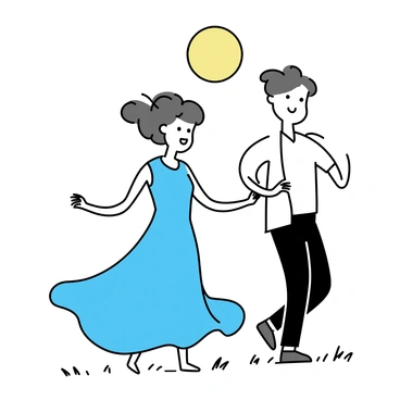 A full moon casts a bright light over an open field. A man and a woman are dancing together, their bodies in motion. The man is wearing a flowing white shirt and dark trousers. The woman is dressed in a long, flowing blue gown that billows around her as she twirls. Their arms are extended, and they are gazing into each other's eyes. The grass beneath them sways gently in the night breeze.