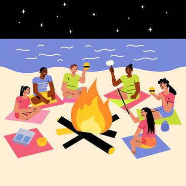 A cozy bonfire on the beach surrounded by sand. The bonfire has bright orange and yellow flames flickering. Several friends of different ethnicities are gathered around, some sitting on colorful beach towels, while others stand. One friend is holding a long stick with a marshmallow toasting over the fire, and another is laughing, holding a s'more. The night sky is filled with twinkling stars, and gentle waves can be seen in the background, lapping at the shore. The atmosphere is warm and inviting, with a sense of camaraderie among the friends.