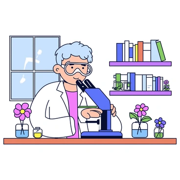 A scientist wearing a white lab coat and safety goggles is focused on a microscope in a laboratory setting. The microscope is on a wooden table, surrounded by various flowers with colorful petals placed nearby. The flowers are arranged in small glass vials, showcasing their vibrant colors. The lab has shelves filled with scientific books, and a window allows natural light to illuminate the scene.