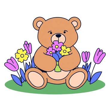 A teddy bear with soft brown fur is sitting among colorful blooming flower buds. The flowers include vibrant pinks, yellows, and purples, creating a cheerful scene. The teddy bear is holding a small bouquet of freshly picked flowers in its paws. The bouquet features a variety of floral shapes and colors, adding liveliness to the image. The setting is a simple, grassy patch where the flowers flourish around the teddy bear.