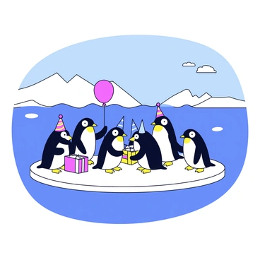 A group of penguins gathered together on an ice floe. The penguins are standing in a semi-circle, some are wearing colorful party hats. A few penguins are playing with a bright red balloon, while others are holding small, wrapped presents. The ice floe is surrounded by a vast, icy ocean under a clear blue sky. In the background, there are distant snowy mountains.