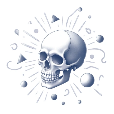 A skull is centered in the composition, featuring distinct features such as eye sockets and teeth. Surrounding the skull, various random shapes and lines radiate outward, creating a dynamic and chaotic feel. The shapes vary in size and form, including circles, triangles, and squiggly lines that intertwine and overlap. The lines are drawn with varying thickness, enhancing the sense of movement around the skull.