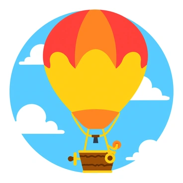 A hot air balloon with a large, colorful fabric envelope is floating in a bright blue sky. The balloon features intricate brass details and gears attached to its basket. The basket is made of woven wicker with polished brass accents. The balloon has whimsical mechanisms, such as small propellers and clockwork elements, adding to its steampunk aesthetic. Below, fluffy white clouds drift, enhancing the sense of height and adventure in the scene.