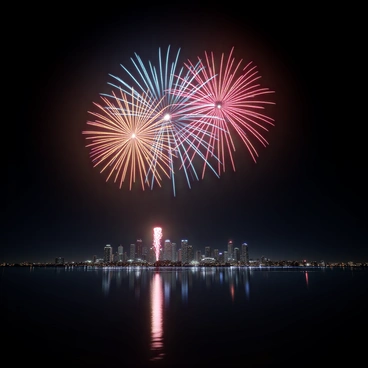A vibrant fireworks display exploding in the night sky over Los Angeles. Bursts of colorful fireworks, including reds, blues, and golds, create intricate patterns as they light up the dark backdrop. Below, the iconic skyline of Los Angeles is visible, with tall buildings outlined against the illuminated sky. The scene captures the excitement and energy of the moment, with reflections of the fireworks sparkling in nearby bodies of water.