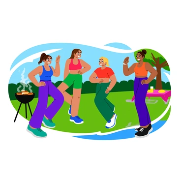A friendly group of four friends performing hip thrusts together in a backyard barbecue setting. The friends are smiling and encouraging each other as they lift their hips off the ground. They are dressed in colorful workout attire, with one wearing a blue tank top, another in a red t-shirt, a third in green shorts, and the last in purple leggings. In the background, a grill is steaming with burgers and hot dogs, and there are picnic tables set up with vibrant paper plates and drinks. Brightly colored decorations hang from nearby trees, adding to the cheerful atmosphere of the barbecue.