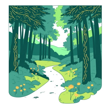 A path winding through a dense forest, surrounded by tall trees adorned with intricate golden patterns. The leaves of the trees glimmer with reflective designs, catching the light as they flutter in a gentle breeze. Sunlight filters through the canopy, creating dappled effects on the ground where the path is lined with soft green moss. Wildflowers in various shades of yellow dot the sides of the path, harmonizing with the golden hues above. The atmosphere is filled with a sense of tranquility as the golden patterns on the trees create a whimsical ambiance.