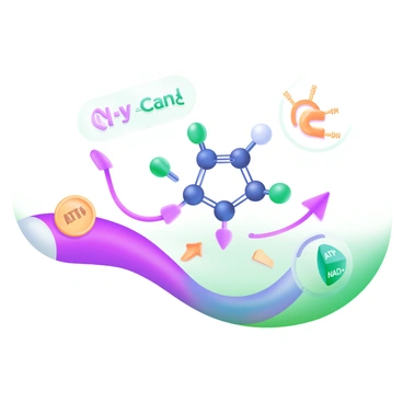 A modern pastel illustration featuring a glucose molecule depicted as a stylized arrangement of atoms, with six carbon atoms represented as spheres connected by bonds. The molecule is surrounded by arrows indicating the initial steps of the glycolysis process. Nearby, there are representations of essential enzymes and co-factors, such as ATP and NAD+, illustrated as separate colorful icons. The background includes light pastel shades to enhance the overall composition, creating a scientific yet visually appealing scene.