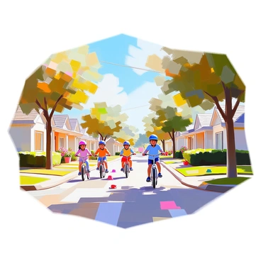 A peaceful suburban street scene featuring a row of neatly lined houses with well-maintained front lawns and trimmed hedges. The houses are painted in soft pastel colors, with flowerpots on the porches. Children of various ages are riding bikes along the smooth pavement, some wearing bright helmets. A few trees provide shade along the street, and there are scattered toys on the lawns, enhancing the lively atmosphere. A clear blue sky fills the background, completing the tranquil suburban setting.