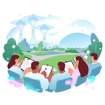 A group of illustrators is gathered in a lush outdoor setting, focused on their sketchbooks. They are capturing the futuristic structures of Gardens by the Bay, which include towering Supertrees and a striking glass dome. The Supertrees have intricate designs with colorful lights and are surrounded by vibrant greenery and blooming flowers. The glass dome features a modern architectural style with clear panels reflecting sunlight. In the background, there are manicured gardens filled with diverse plants and paths that weave through the scenery. The scene is bathed in gradient pastel colors, enhancing the atmosphere of creativity and innovation.
