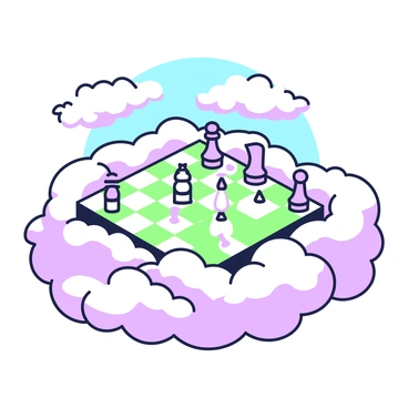 A chess board is floating among fluffy clouds. The chess board features alternating squares, and the pieces are ethereal and translucent. The pieces are arranged in their starting positions, with a queen and king prominently displayed at the center. The clouds surrounding the board are soft and billowy, creating a dreamy atmosphere. Sunlight filters through, casting gentle shadows of the pieces onto the board. The scene is serene, with a clear blue sky visible in the background.