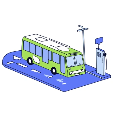 A modern electric bus with a sleek design and large windows is parked next to a charging station at a bus depot. The bus has a vibrant green exterior with white accents and displays the route number on the front. The charging station features a tall, cable-connected charger with a digital screen showing charging status. Surrounding the bus and charging station, there are several empty bus lanes made of smooth asphalt, and a clear blue sky overhead.