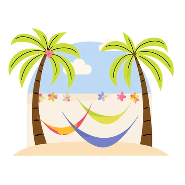 A tropical paradise scene featuring tall green palm trees swaying gently in the breeze. There are colorful hammocks strung between the palm trees, inviting relaxation. In the background, a sunny blue sky is dotted with fluffy white clouds. The resort wall is adorned with vibrant tropical flowers, adding pops of color to the scene. Soft, sandy ground is visible beneath the palm trees and hammocks, completing the idyllic atmosphere.