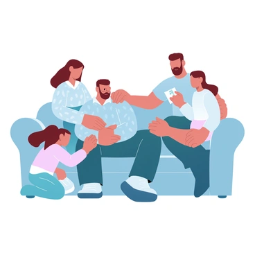 A family of four is gathered around a person sitting on a couch. The individual receiving comfort has a solemn expression and is holding a cushion closely. One family member, a woman in a patterned sweater, is gently placing a hand on the person’s shoulder. Another family member, a man in a casual shirt, is kneeling beside the couch with a supportive hand on the person’s knee. A child is sitting on the opposite side, leaning in and offering a drawing. The scene is filled with warmth and a soft light illuminating the space.