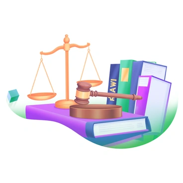A modern pastel illustration featuring a collection of icons that represent justice. Prominently displayed is a wooden gavel on a flat surface. Beside it, there are balanced scales symbolizing fairness, carefully positioned to showcase their equal sides. An arrangement of law books stacked nearby is visible, each book adorned with gold lettering on the spine. The background subtly enhances the composition without distracting from the icons.