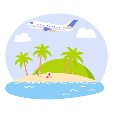 An airplane with a white body and blue stripes is soaring in the sky above a tropical island. The island features lush green palm trees and sandy beaches. Below, the crystal-clear turquoise waters shimmer under the sunlight. Small waves gently lap against the shoreline, while a few colorful beach umbrellas and sunbathers can be seen on the sand. Fluffy white clouds float in the bright blue sky, completing the scene of a serene tropical getaway.
