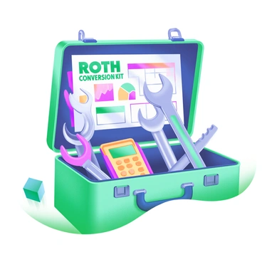 A modern pastel illustration depicting a toolbox brightly colored in soft greens and blues. The toolbox is open, revealing an assortment of tools inside, including shiny metallic wrenches, a bright yellow calculator, and various colorful charts with graphs and figures. Each tool is neatly organized, showcasing the utility of the kit. Prominently displayed on the toolbox's lid is a label that reads "Roth Conversion Kit" in bold, cheerful letters.