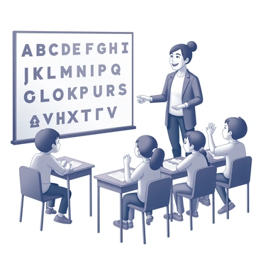 A classroom setting with a teacher standing at the front, smiling and interacting with students. The teacher is pointing at a large board filled with letters that are prominently displayed. A group of students is seated at their desks, actively participating in the game. Some students have their hands raised, eager to answer, while others are focused and engaged. The letters on the board are in various sizes, creating an inviting atmosphere for learning. The students exhibit excitement and enthusiasm as they play the alphabet game.